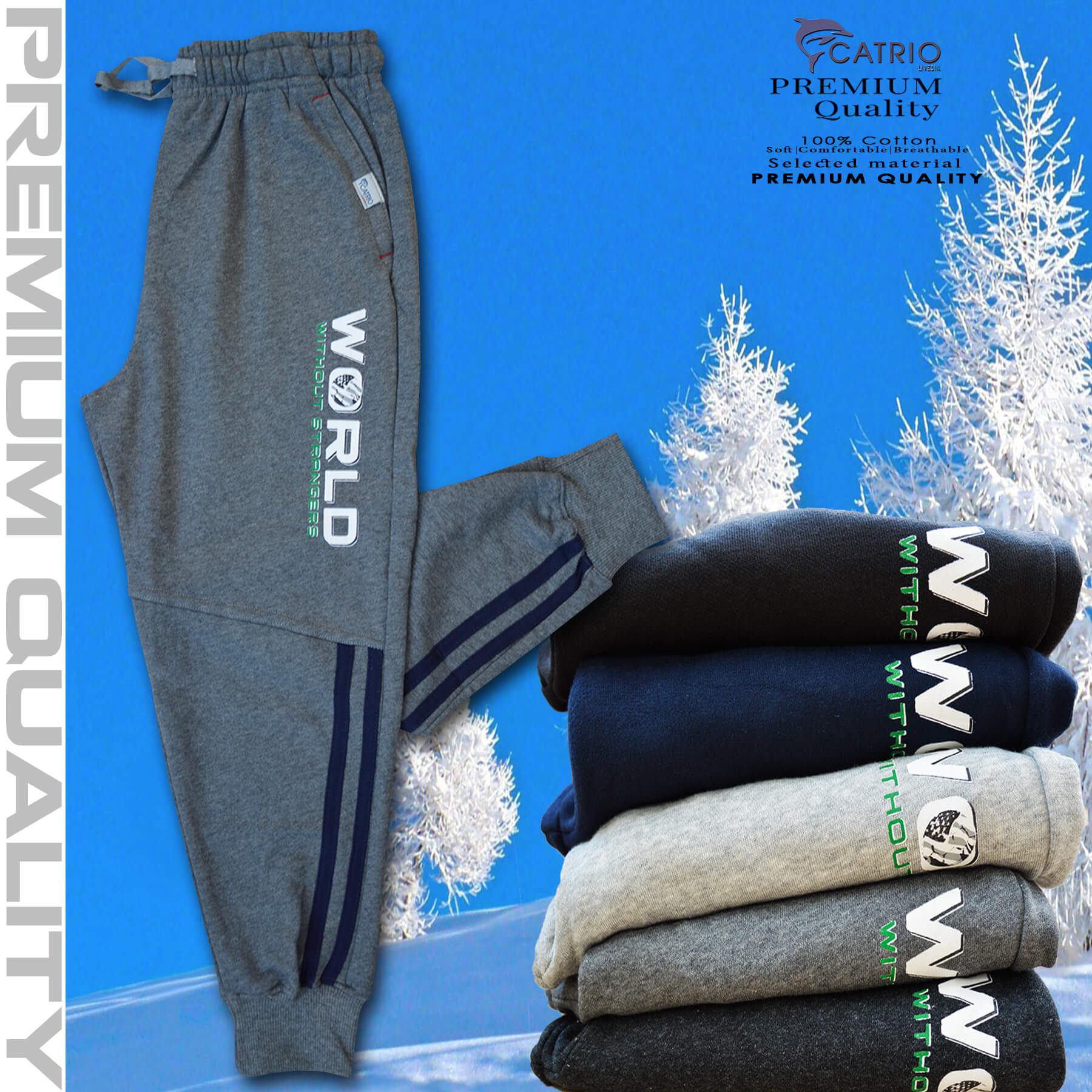 Quần thun dài bé trai vải 100% cotton in WORLD màu XÁM ĐẬM là quần nỉ trẻ em CATRIO từ 9 tuổi đến 18 tuổi phù hợp thời tiết se lạnh mùa thu đông với kiểu dáng thể thao tuyệt đẹp