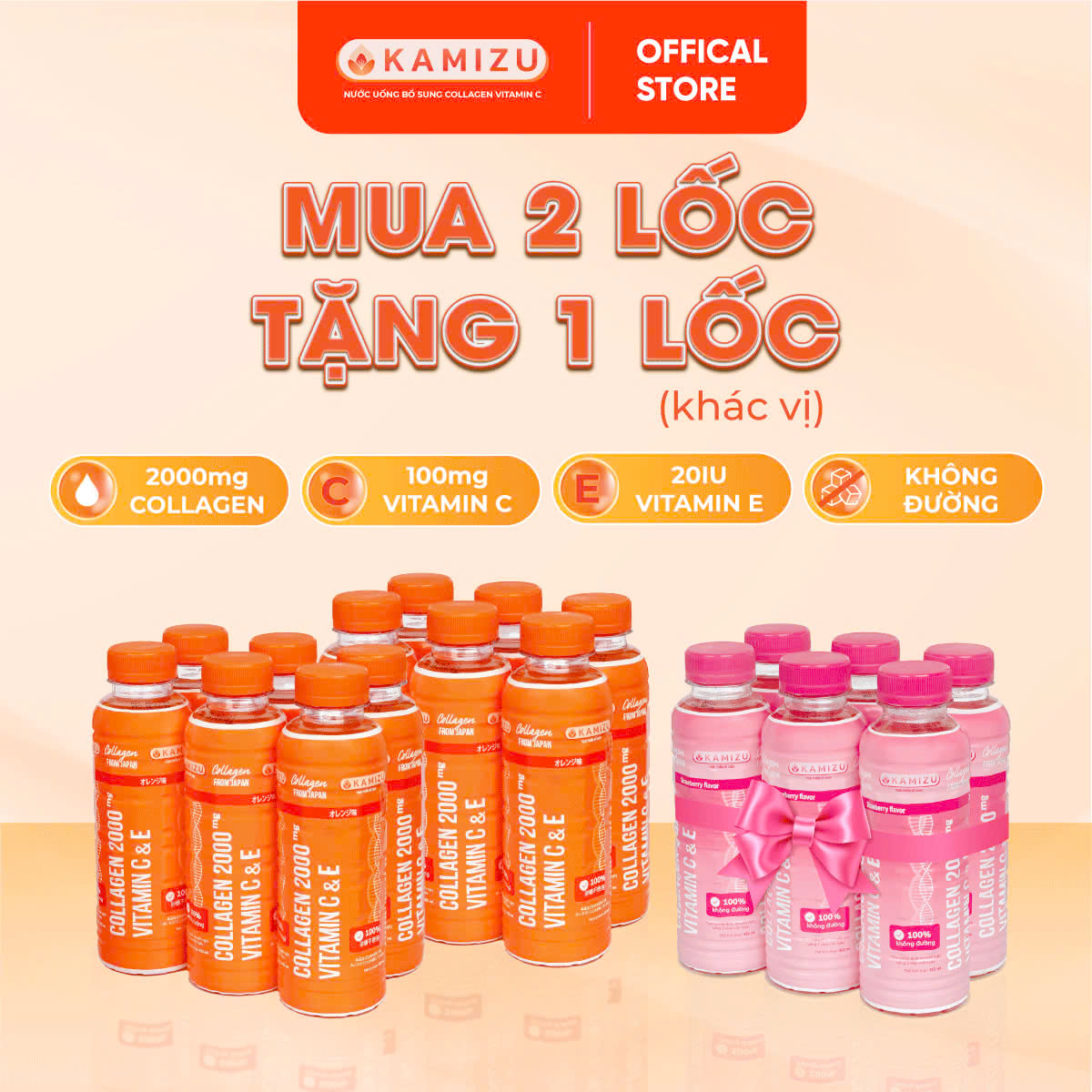 MUA 2 LỐC CAM TẶNG 1 LỐC DÂU THANH MÁT Kamizu Nước uống bổ sung Collagen Vitamin C &amp; E hương cam