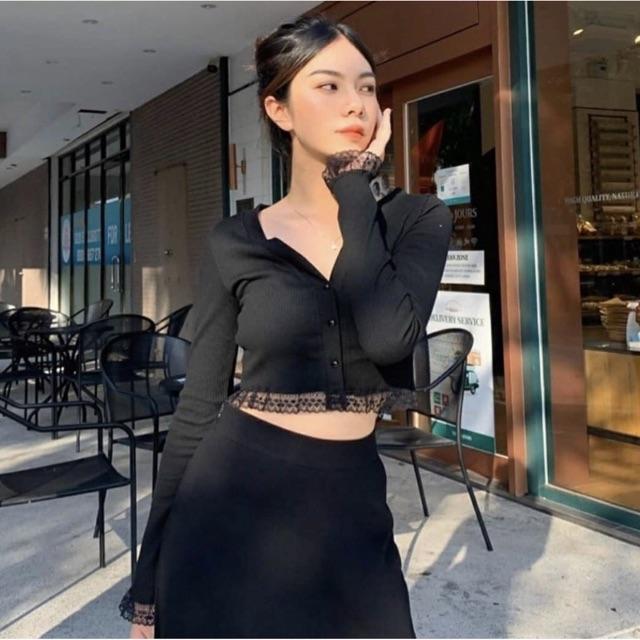 Áo croptop áo dài tay pha ren chất len tăm dày dặn mềm mại 1 sản phẩm chính phẩm áo kiểu từ chens