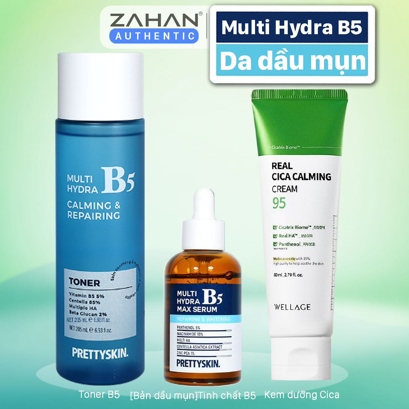 Combo nước hoa hồng Multi Hydra B5 Calming &amp; Repairing Toner, tinh chất Hydra B5 Max Serum Prettyskin, Kem dưỡng REAL CICA CALMING 95 CREAM