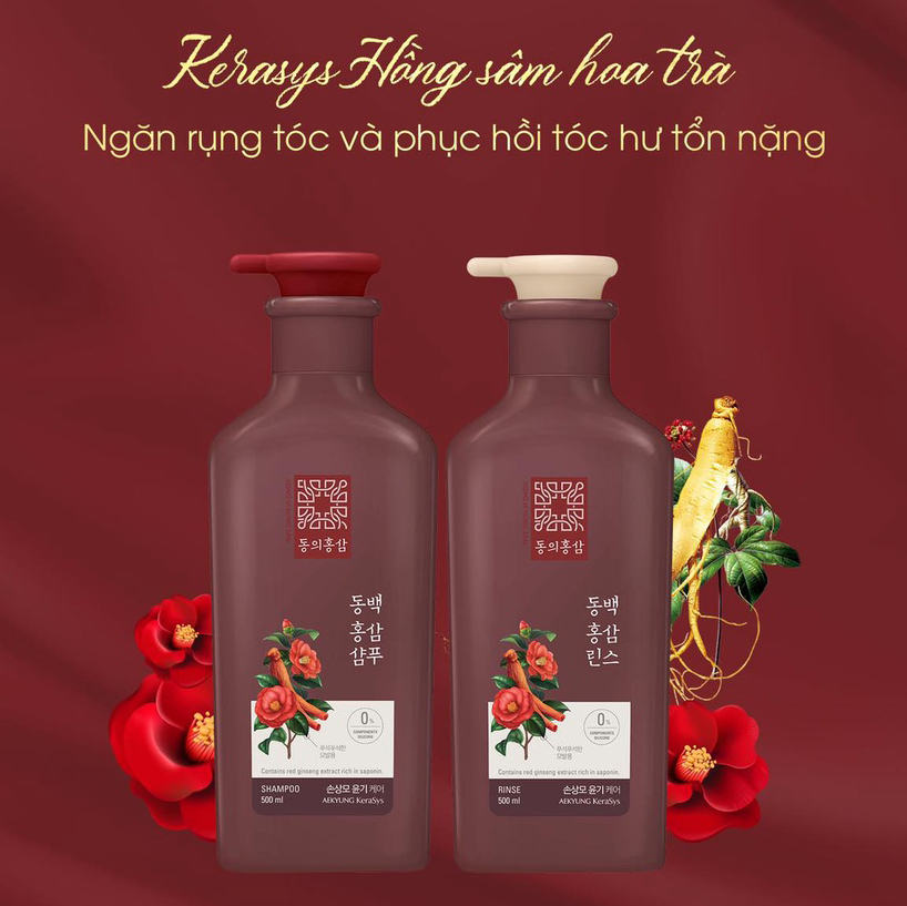 Dầu Gội Xả Phục Hồi Tóc Hư Tổn Nặng Và Ngăn Ngừa Rụng Tóc Kerasys Hồng Sâm Hoa Trà 500ml tặng móc khóa