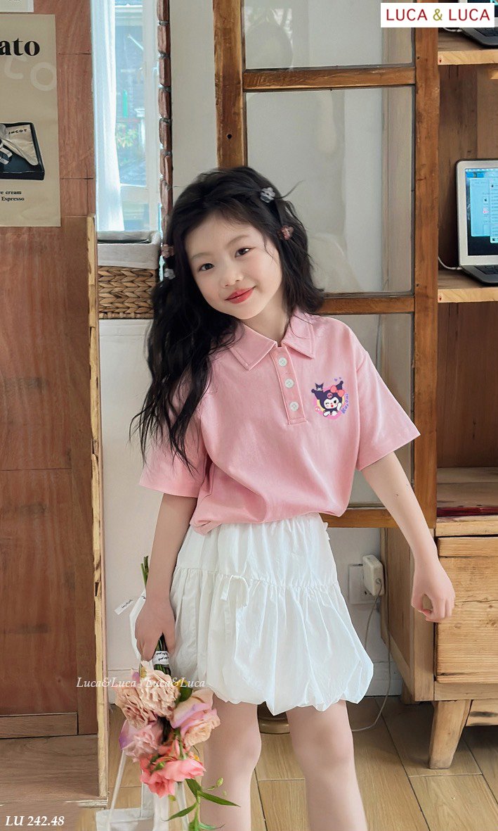 [Từ 1 đến 12 tuổi] Sét áo polo cotton hồng in  mix chân váy boom chất cotton bé gái đến 45kg