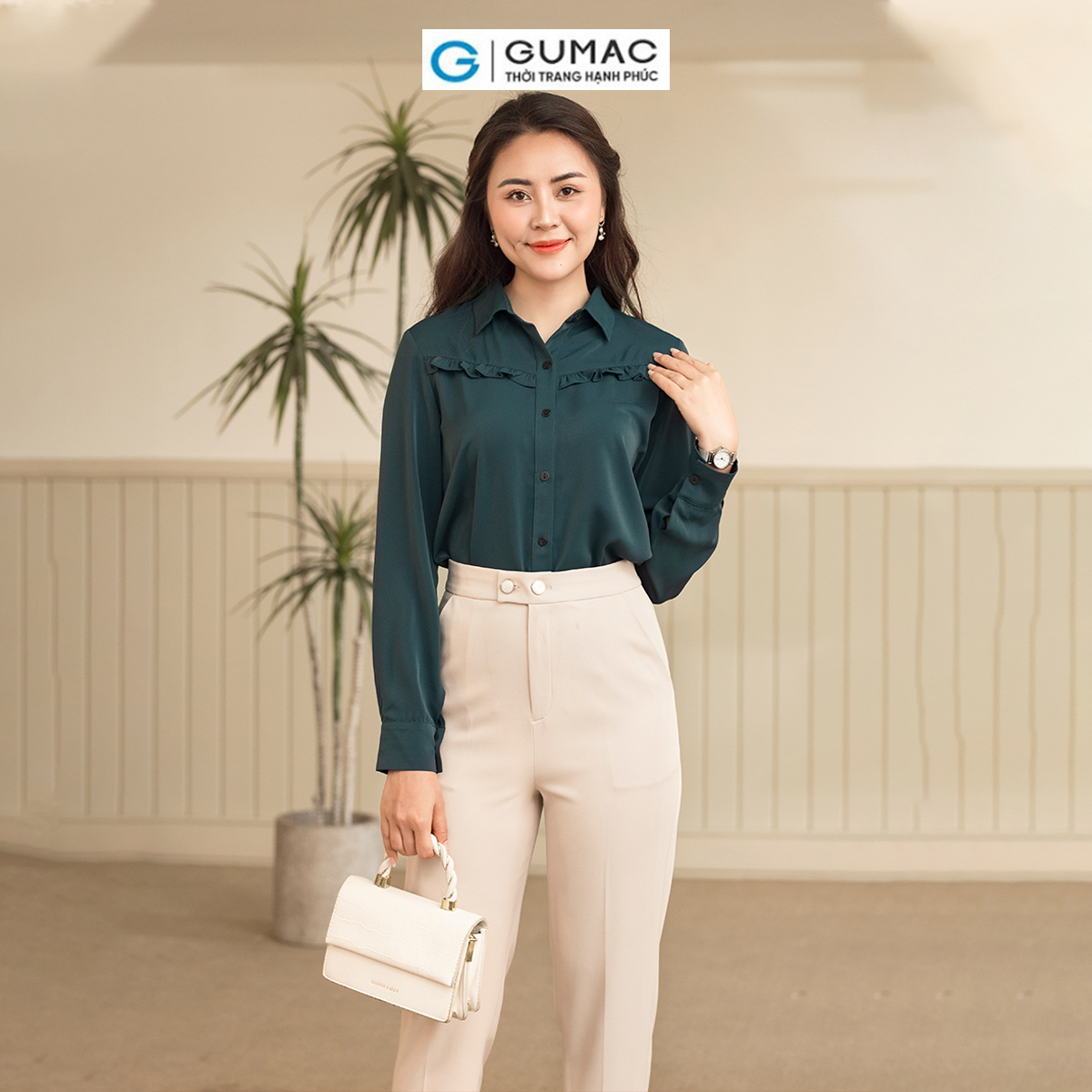Áo sơ mi nữ tay dài phối bèo tạo kiểu nữ tính thanh lịch thời trang GUMAC AD06010