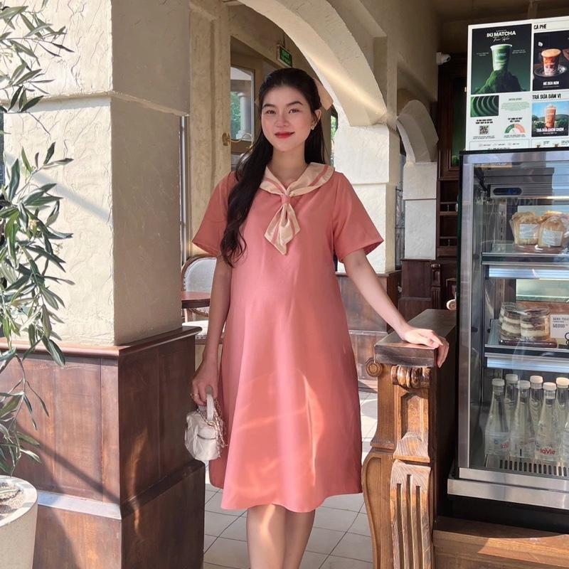 Đầm Bầu Công Sở Vải Trơn Chất Cotton Lạnh Phối Cổ Nơ Dáng Suông Thanh Lịch, Nhẹ Nhàng - Xanh đậu
