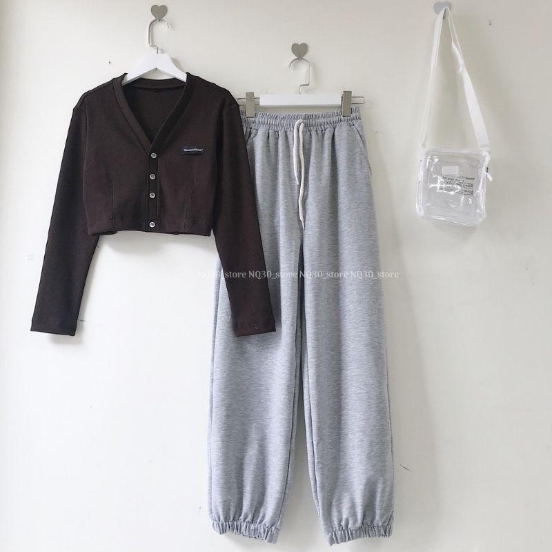 Set áo croptop tay dài và quần Spun