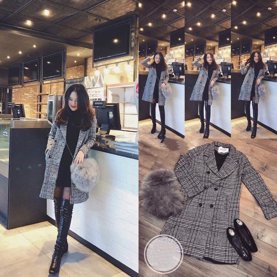 (Sẵn + Ảnh Thật) Áo dạ tweed nữ kẻ dáng dài cao cấp