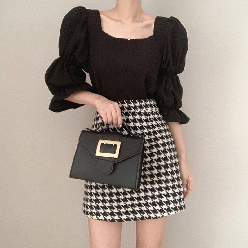 Áo Kiểu Chiffon Tay Phồng Cổ Vuông Phong Cách Retro Nữ Tính Ngọt Ngào