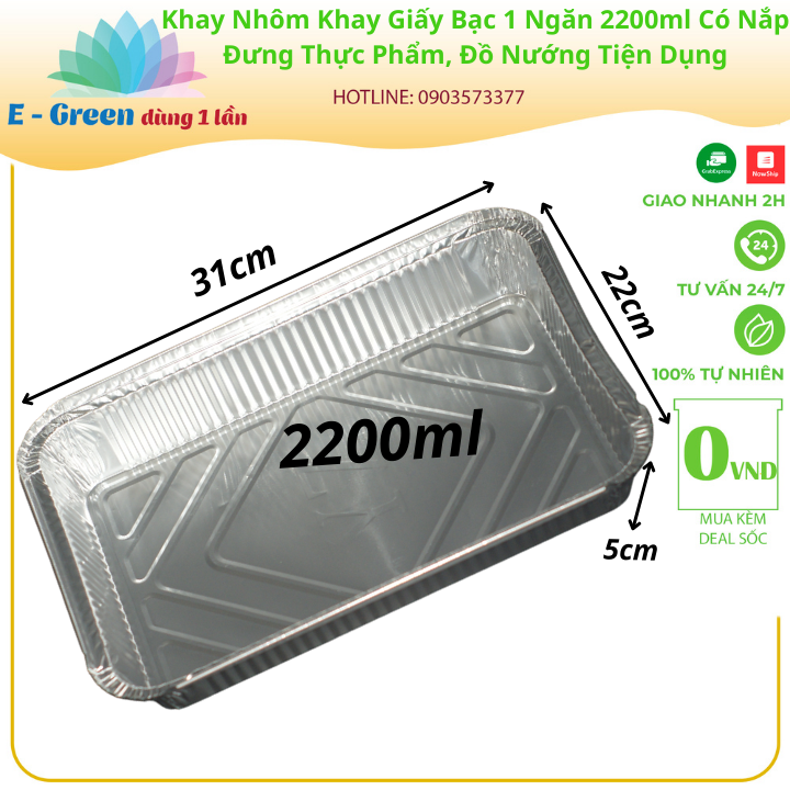 Combo 100-200 Khay Nhôm, Khay Giấy Bạc 1 Ngăn 2200ml Có Nắp, Đựng Thực Phẩm, Đồ Nướng,Tiện Lợi - Egreen dùng 1 lần