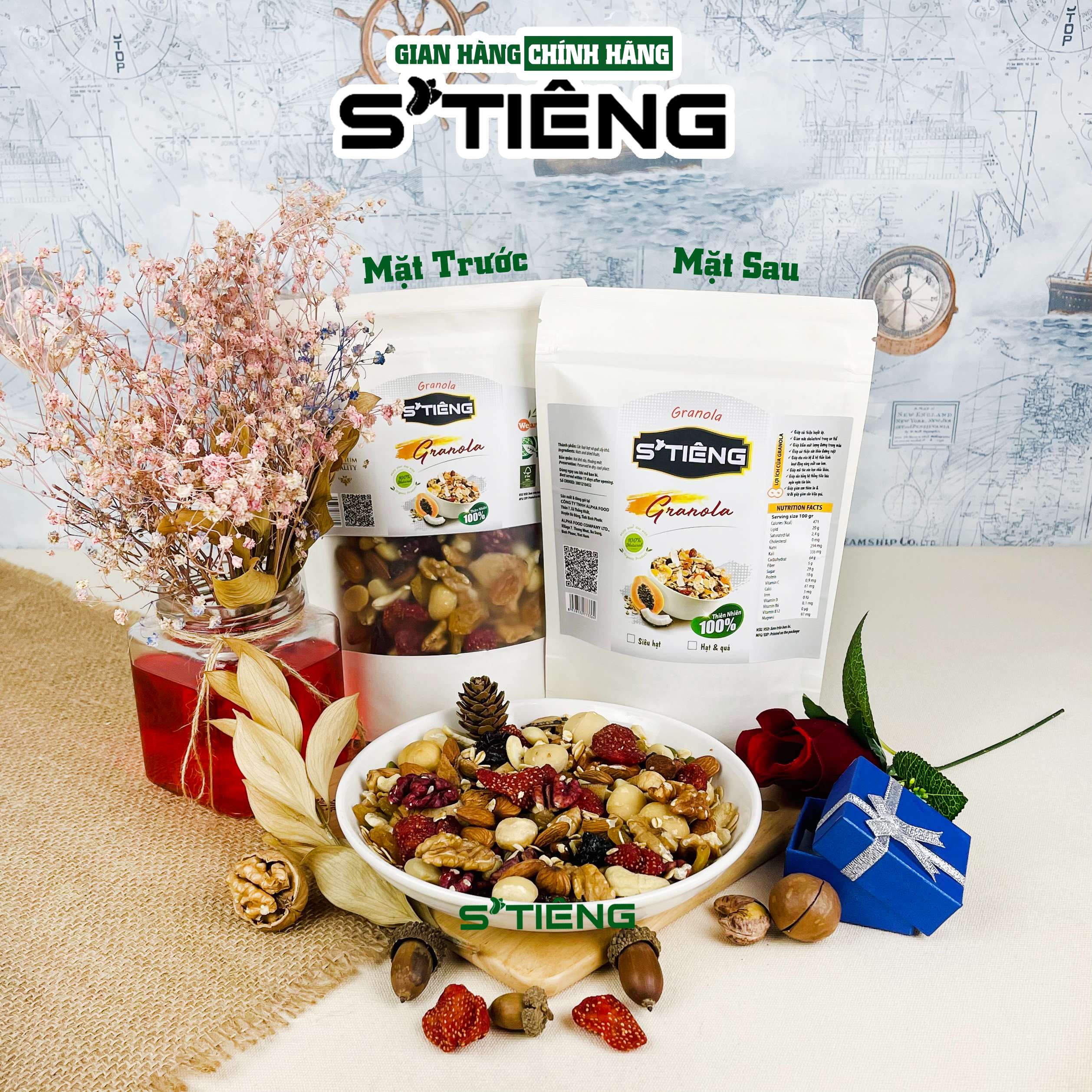 Granola Siêu Hạt &amp; Quả Sấy STIENG, Hạt Dinh Dưỡng Ngủ Cốc Ăn Kiêng Giảm Cân, Hạt Óc Chó, Hạt Macca, Hạt Điều, Hạt Hạnh Nhân, Hạt Bí. Nho Khô