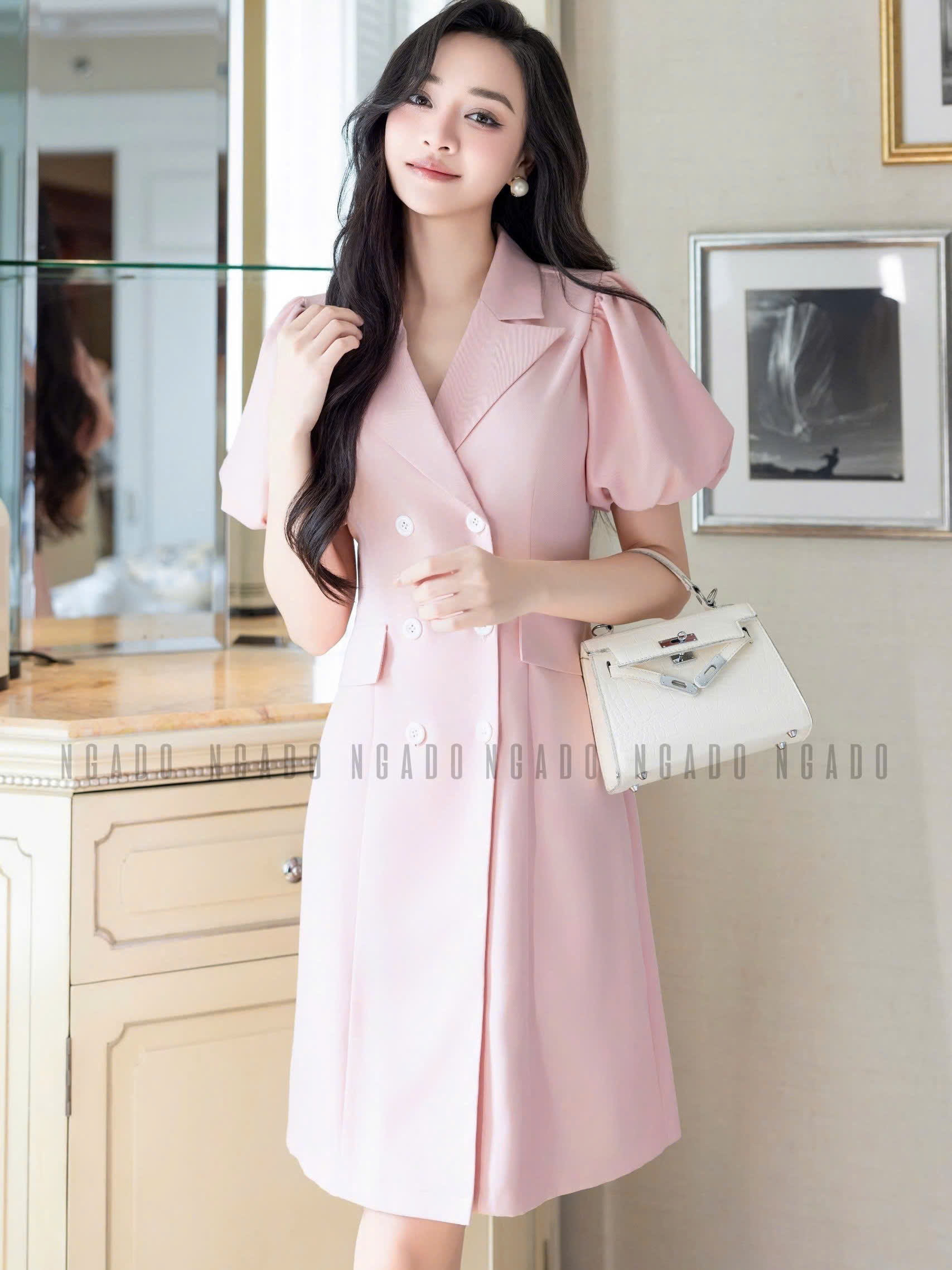 Đầm hồng cổ vest tay phồng NGADO , đầm thiết kế , đầm công sở , đầm dự tiệc