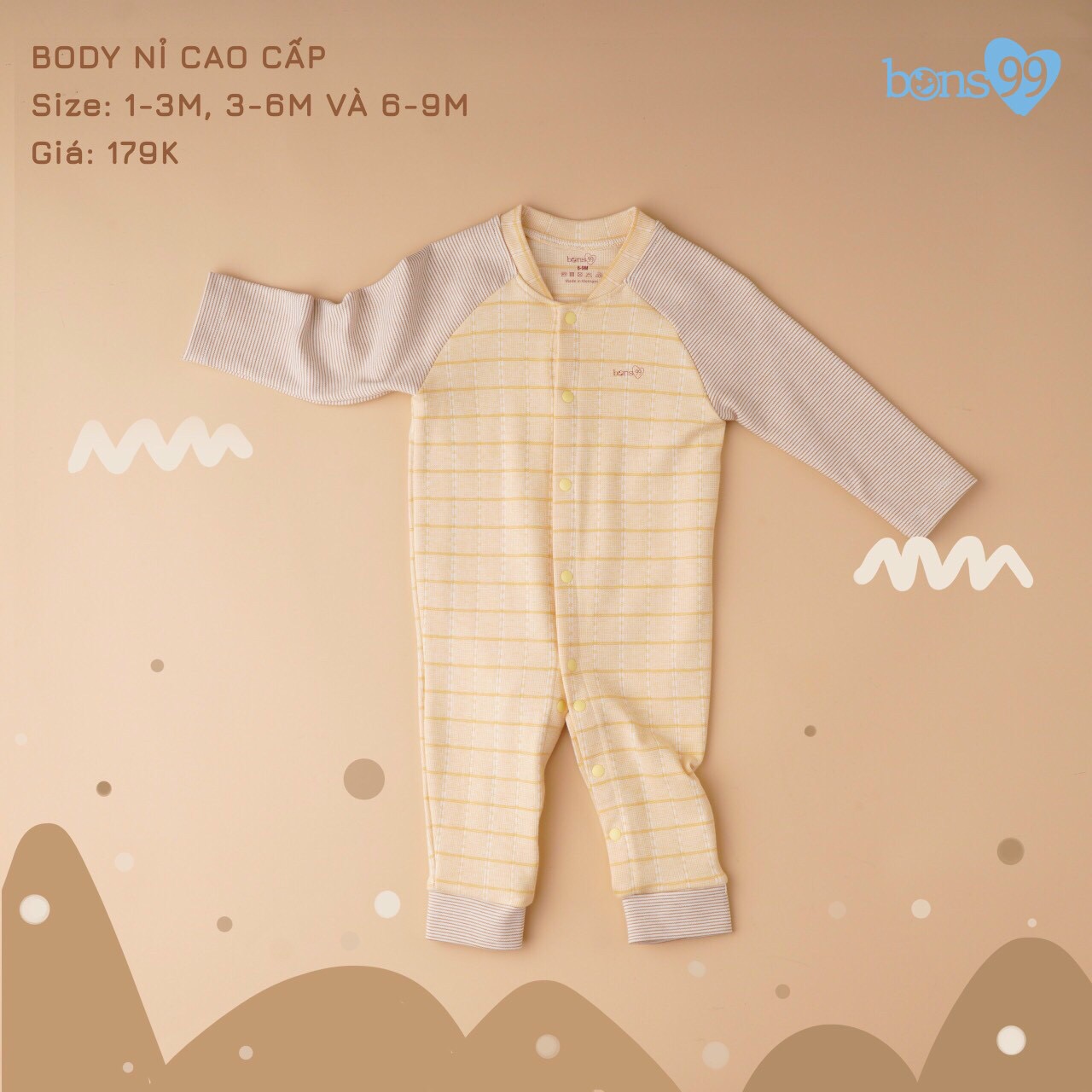 Bộ liền thân unisex bé trai bé gái chất nỉ dày dặn 1-9M Mixi Kids BUS0010B