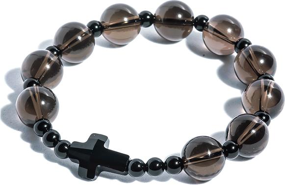 Vòng Chuỗi Mân Côi Thạch anh Khói 10mm mix Mã Não đen và Thánh Giá pha lê SMO02 - VIETGEMSTONES