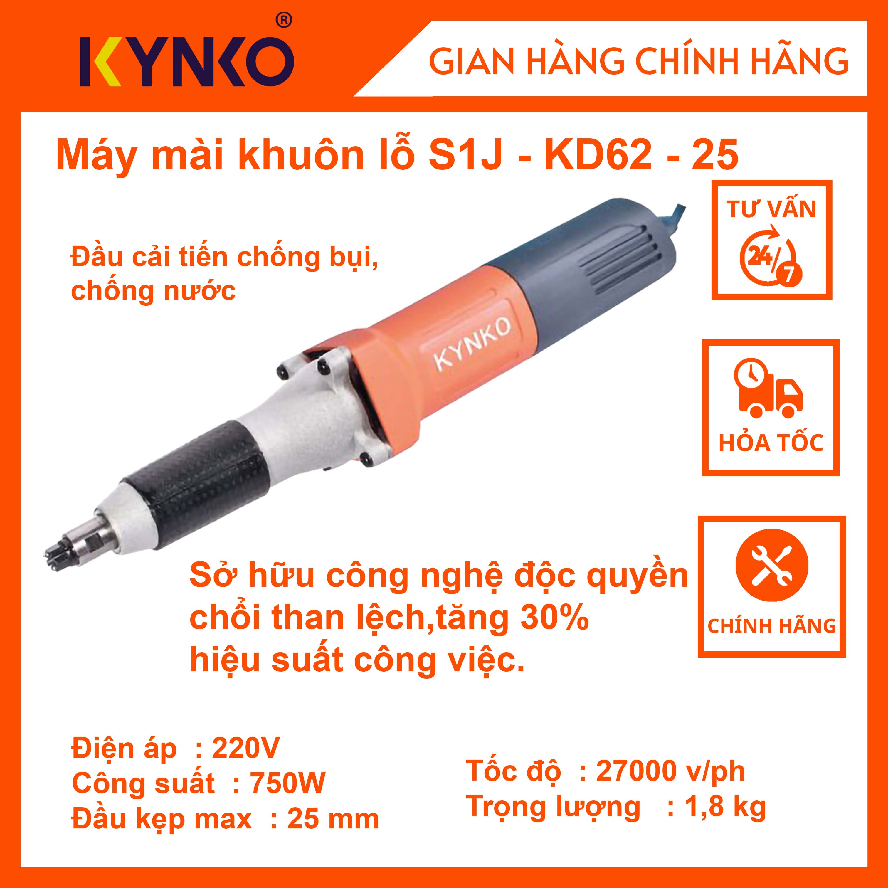 Máy mài khuôn lỗ cầm tay chính hãng Kynko S1J-KD62-25 Chống bụi, chống nước #6623 giá tốt