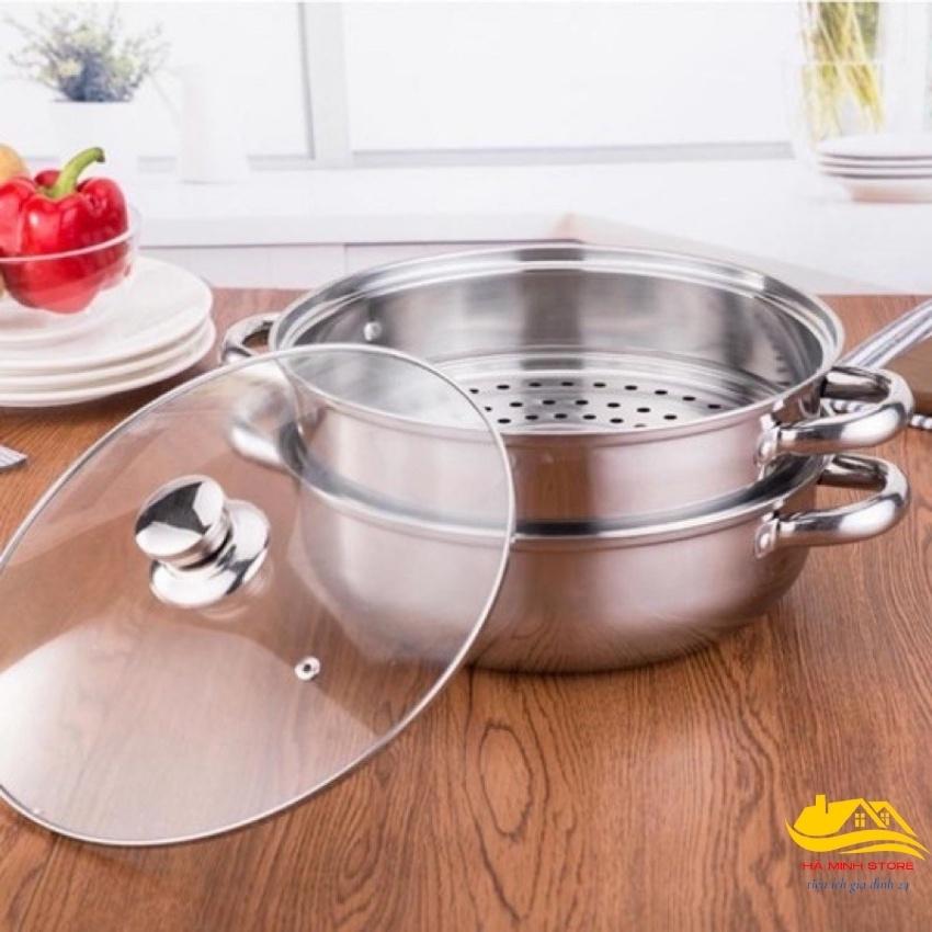 Nồi hấp 2 tầng inox đường kính 28cm, nồi hấp bánh bao, Xửng hấp 2 tầng đa năng phù hợp  với các loại bếp Hà Minh Store