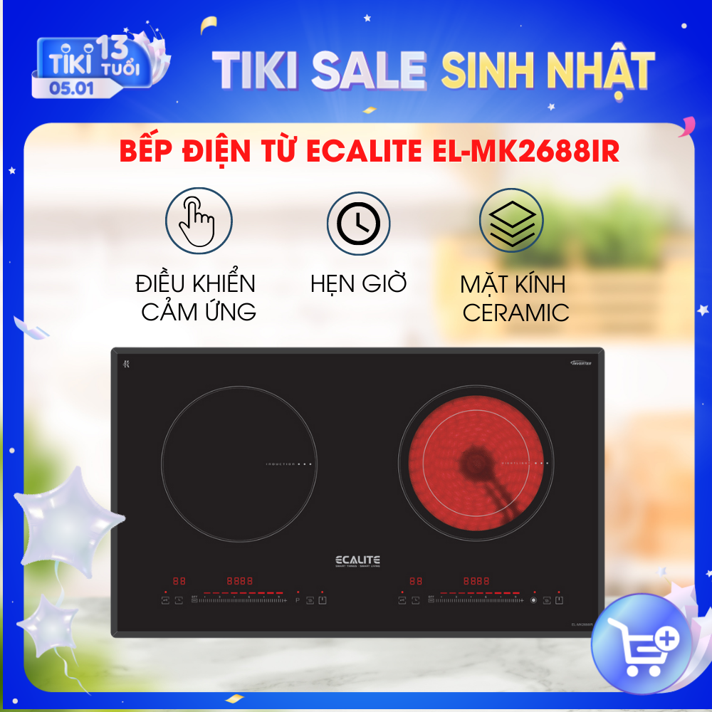 Bếp 1 điện 1 từ Ecalite EL-MK2688IR - Kính Ceramic bền - Có Inverter tiết kiệm điện - Hàng chính hãng