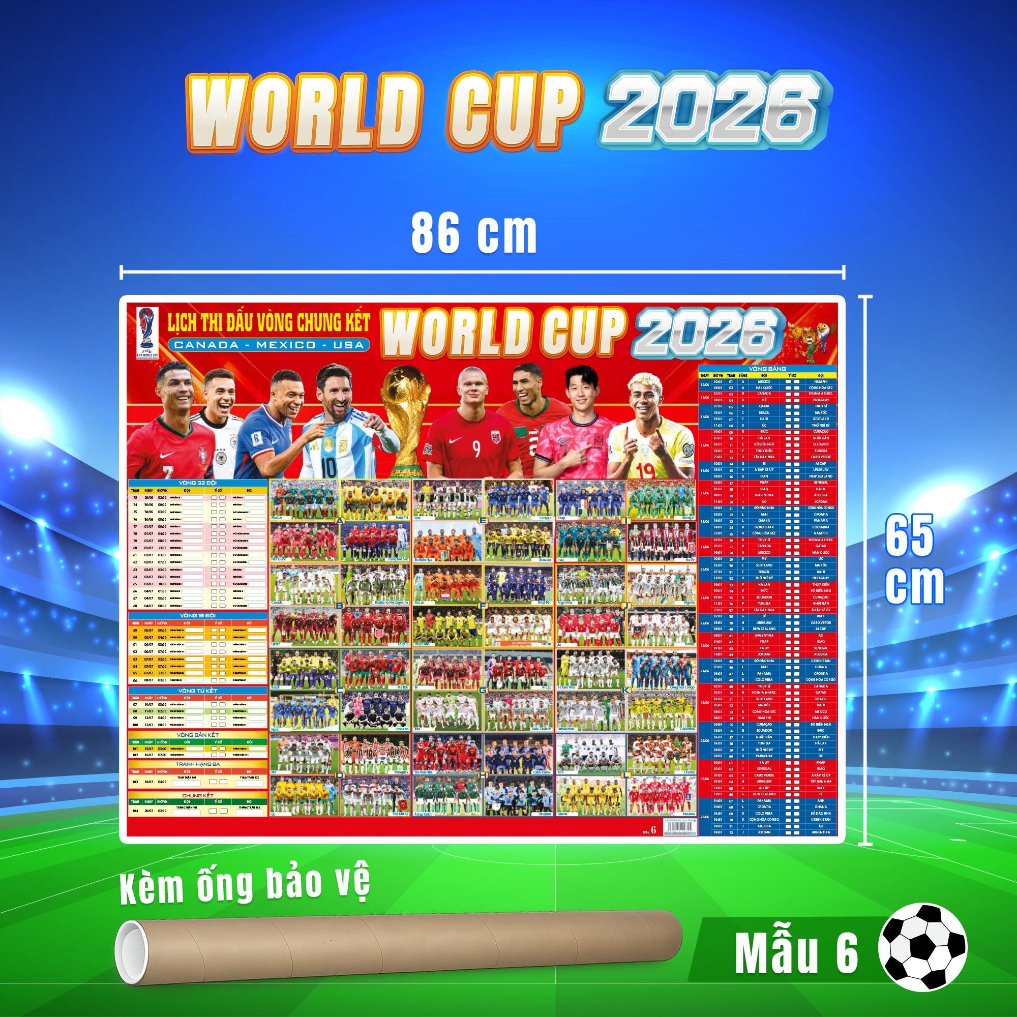 Lịch Thi Đấu World Cup 2026 - 2 Mẫu Đa Dạng Kèm Ống Bảo Vệ (Kích Thước 86x65cm)