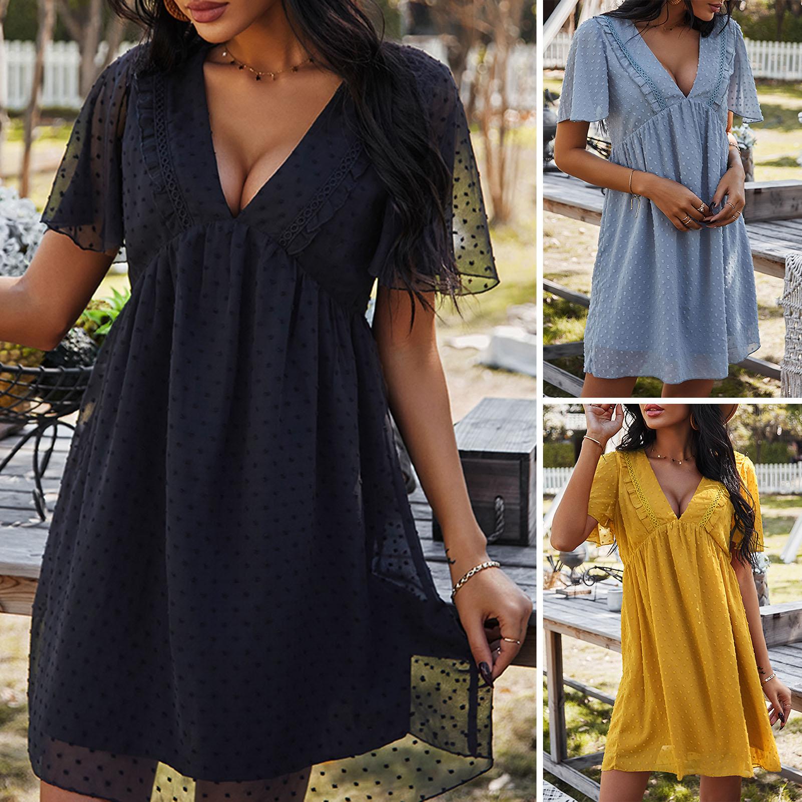 Women Summer Dress Deep V-Neck Ruffled Short Sleeve High Waist Dots Loose Fit Elegant Solid Mini Dress