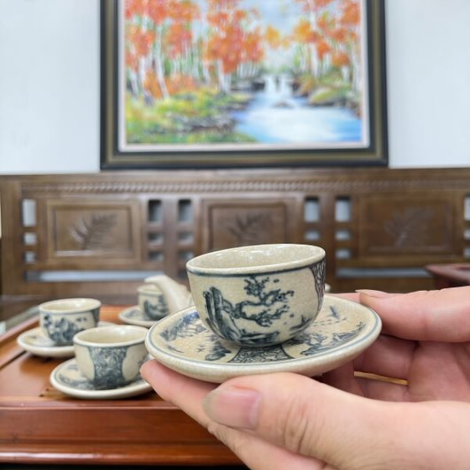 Bộ ấm chén uống trà cao cấp , bộ ấm trà Bát Tràng - sơn thủy hữu tình
