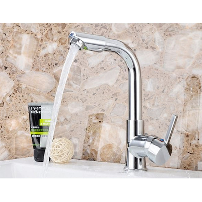 Vòi Lavabo nóng lạnh cần uốn vuông đầu xoay 360 - Hợp kim + 2 dây cấp