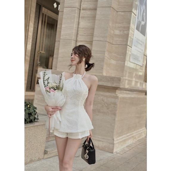 Sét áo peplum nữ ren cổ yếm phối Quần short phong cách trẻ duyên dáng việt DSS989