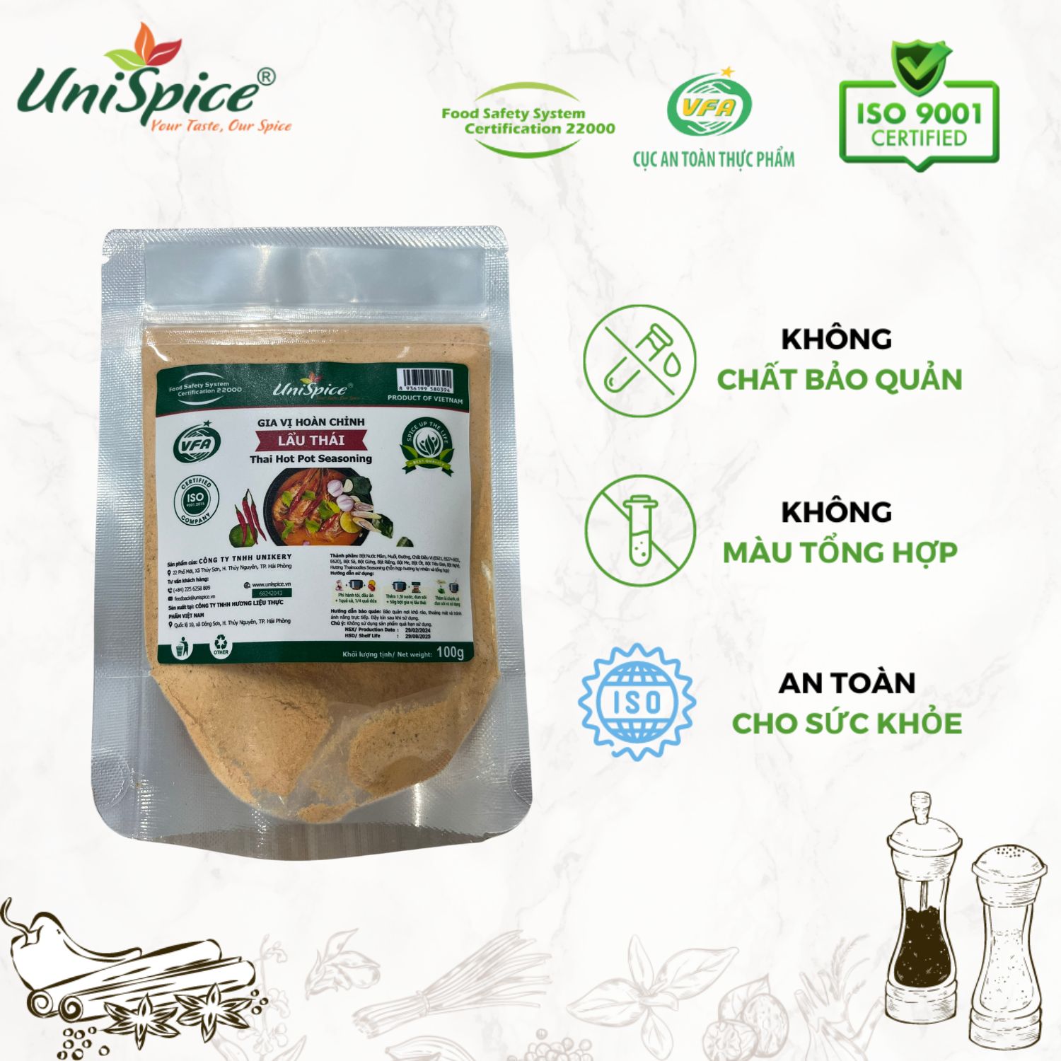 Gia vị lẩu thái Unispice (dạng bột lọ 100g)-Gia vị nêm sẵn Lẩu thái/ bún bò huế/lẩu kim chi/canh chua/ ngao hấp thái