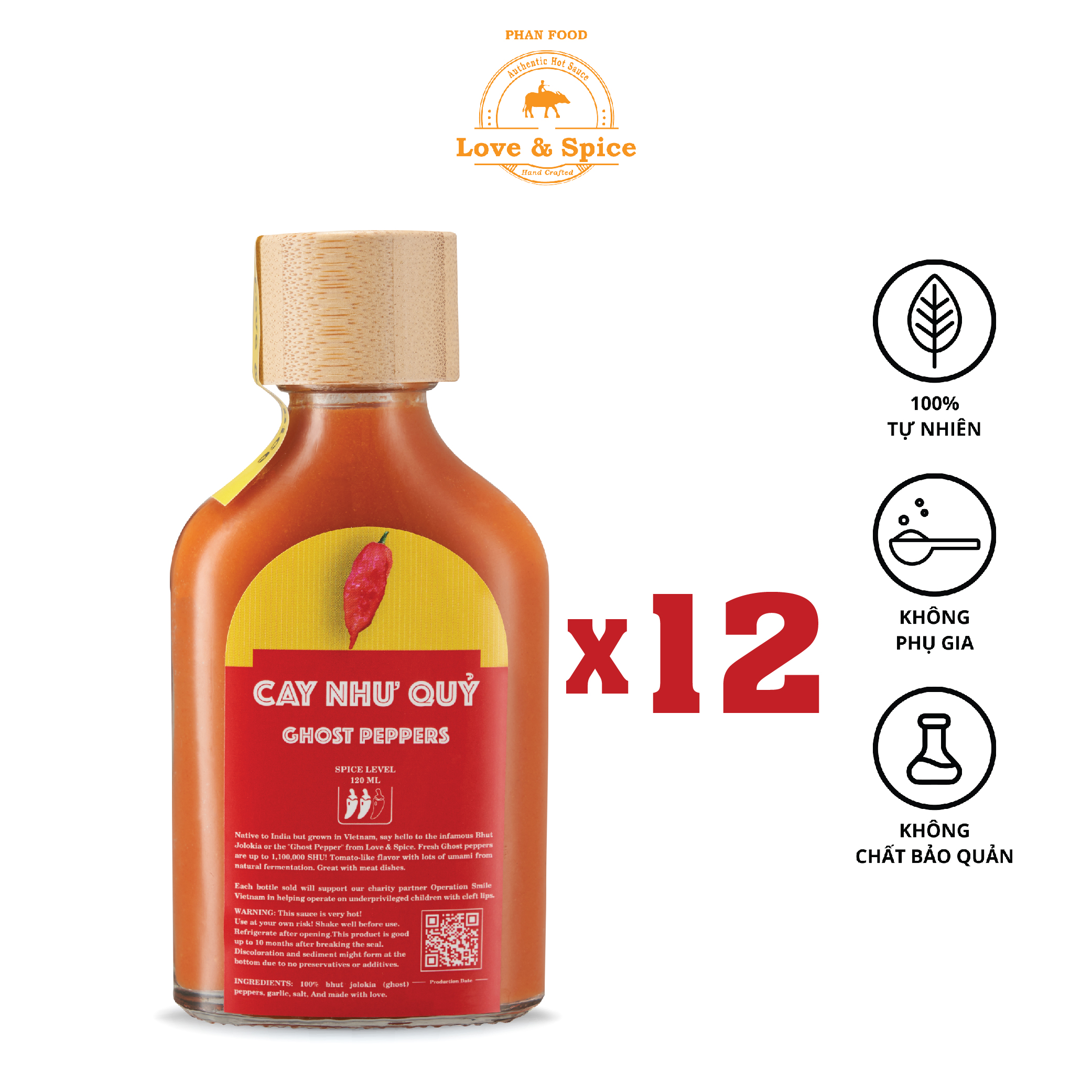 CAY NHƯ QUỶ - Combo 12 chai tương ớt siêu cay Love & Spice lên men tự nhiên từ ớt Ghost Pepper chai 120ml x 12