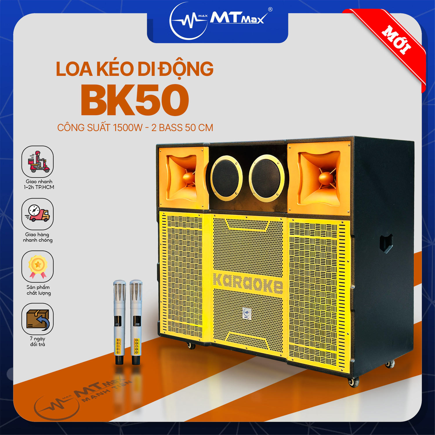 Loa Kéo Di Động MTMAX BK50 - Loa Karaoke Khủng Long, Công Suất 1500W, 3 Đường Tiếng, Bass Đôi 50cm, Âm Thanh Mạnh Mẽ, Đi Kèm 2 Micro Không Dây,Hàng Chính Hãng