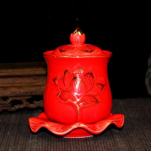 Chum ly nước có nắp khắc Hoa sen nổi có đế lá sen 8cm/9cm/10.5cm.
