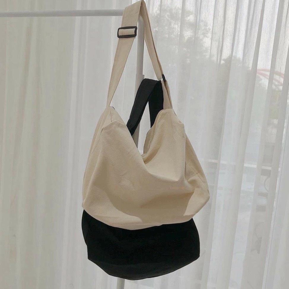 TÚI TOTE ĐEO CHÉO TRỐNG SIU TO CÓ KHÓA KÉO & TÚI CON VẢI CANVAS MỀM PHONG CÁCH ULZZANG ĐỂ ĐƯỢC SÁCH ĐỒ THOẢI MÁI