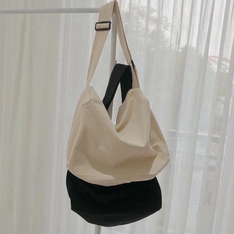 TÚI TOTE ĐEO CHÉO TRỐNG SIU TO CÓ KHÓA KÉO &amp; TÚI CON VẢI CANVAS MỀM PHONG CÁCH ULZZANG ĐỂ ĐƯỢC SÁCH ĐỒ THOẢI MÁI