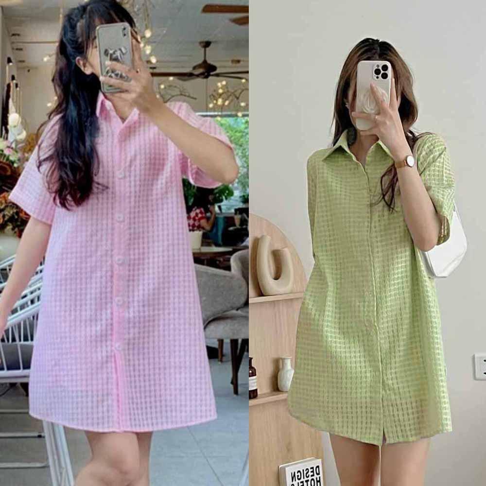 Váy sơ mi kẻ xốp dáng ngắn tay lỡ form rộng kèm lót váy 2 dây, Đầm sơmi dáng suông tay ngắn họa tiết đan thừng Ulzzang