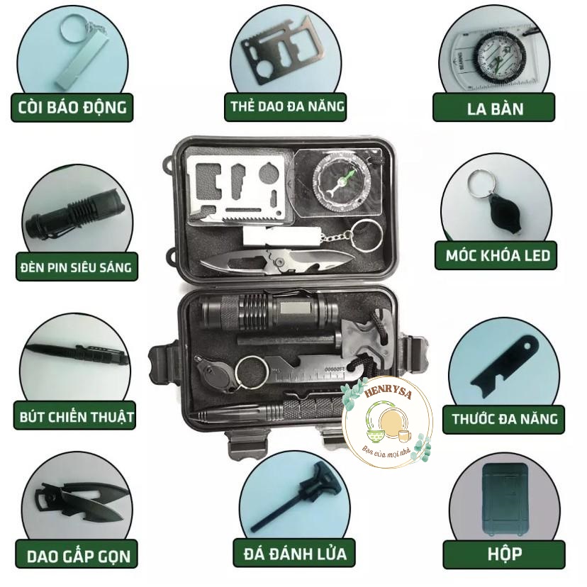 Bộ dụng cụ sinh tồn SOS 10 món hỗ trợ đi phượt, du lịch, dã ngoại - HENRYSA