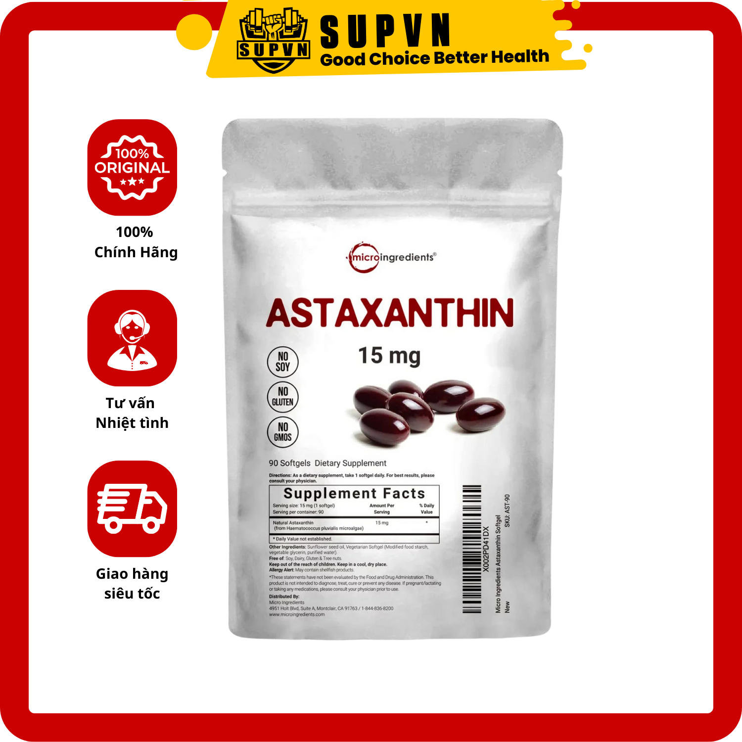 Micro Ingredients Astaxanthin 12mg (120 viên) - Tăng Sức Bền Cho Cơ Bắp, Cải Thiện Làn Da