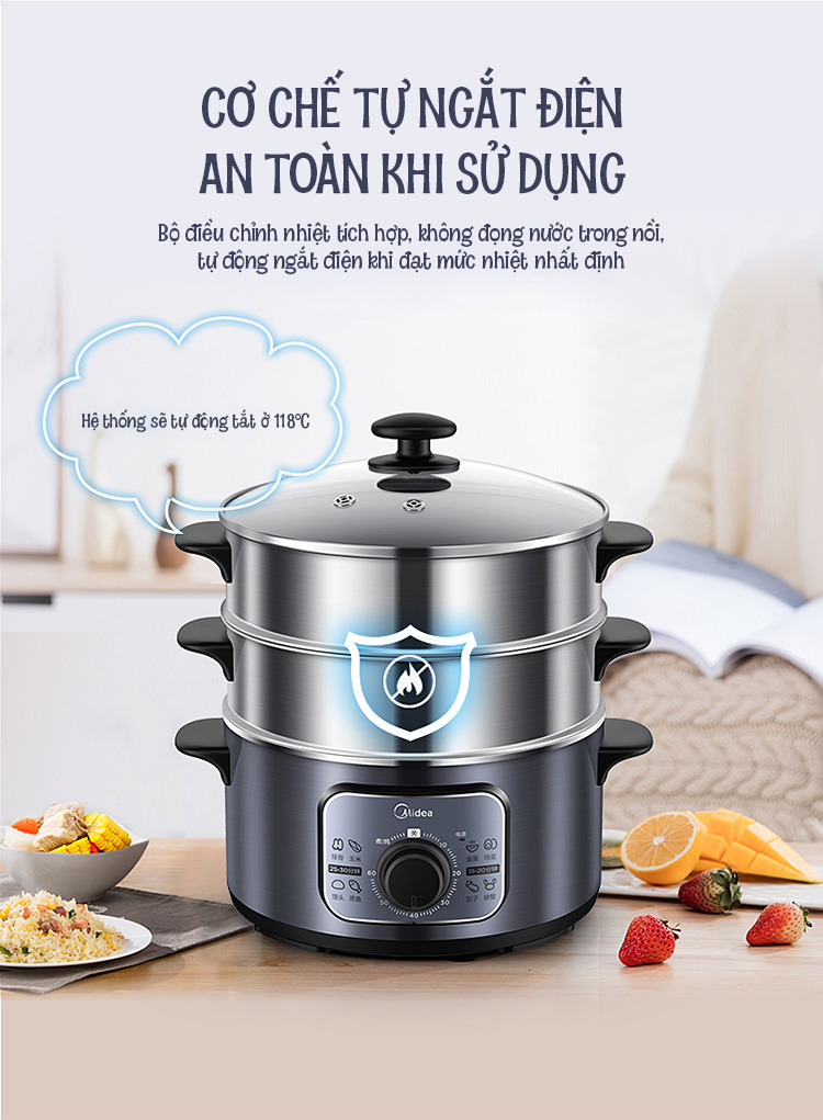 Nồi hấp điện MIDEA MZ-ZG26Easy401 3 ngăn hấp dung tích 10 lít - Hàng chính hãng