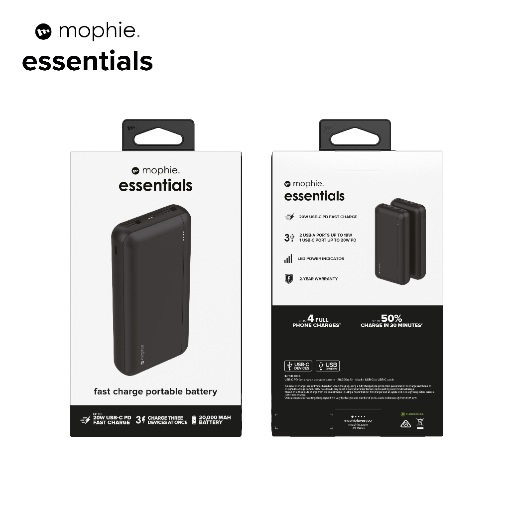 Sạc dự phòng Mophie Essentials 10.000mAh/20.000mAh 3.7V PD20W 2 USB-A 1 USB-C - Hàng chính hãng