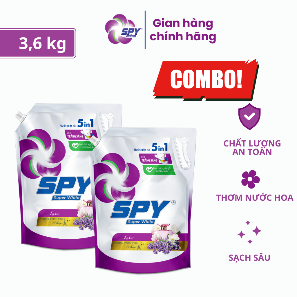 Combo 2 túi nước giặt xả SPY Super White Luxor 3,6kg siêu trắng sáng hương nước hoa Pháp