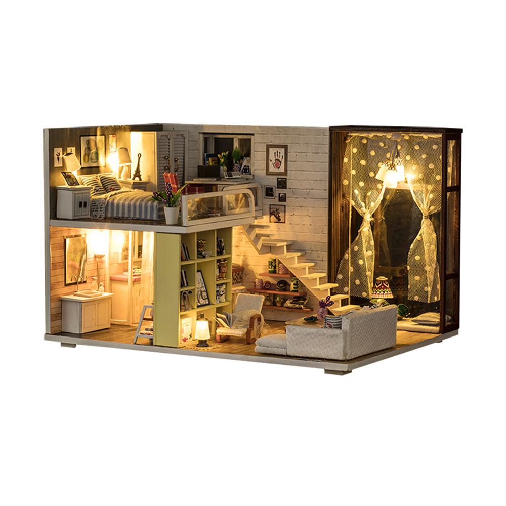 Ngôi nhà búp bê bằng gỗ 3D thu nhỏ với đồ nội thất và đèn LED