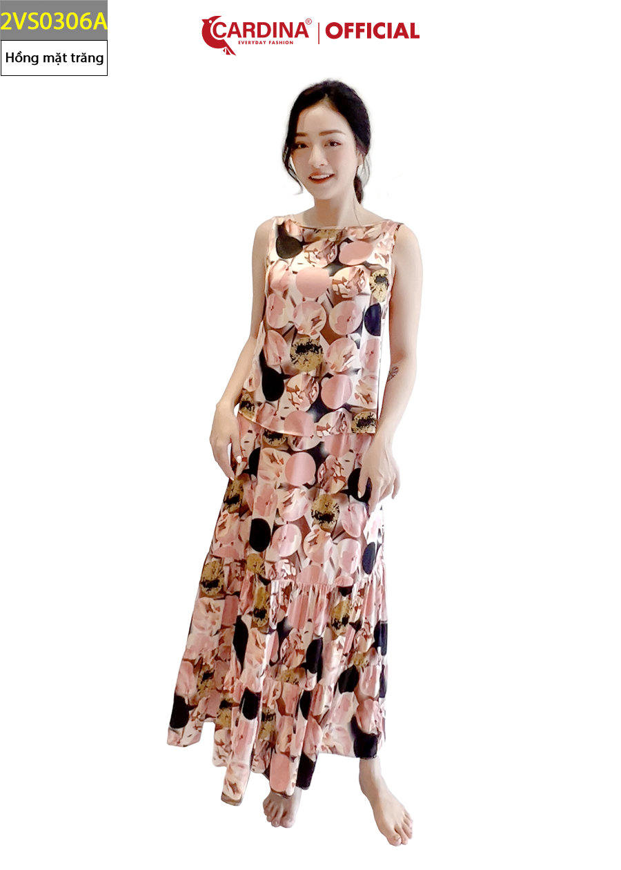 Set Đồ Nữ CARDINA Chất Lụa Satin Nhật Cao Cấp Áo Sát Nách Chân Váy Maxi Họa Tiết Trẻ Trung 2VS03