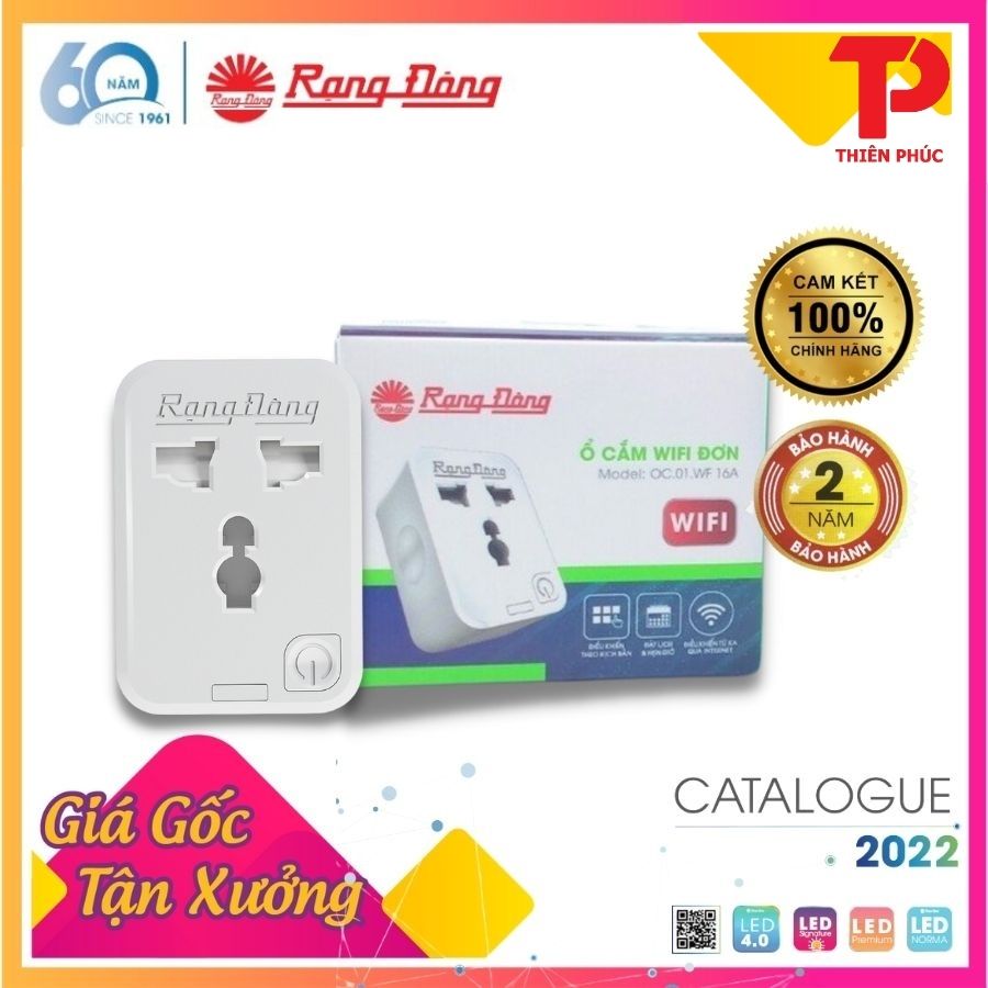 Ổ Cắm Thông Minh 16A - Ổ Cắm Wifi đơn Rạng Đông 3000W Model: OC.01.WF 16A - Chức Năng Hẹn Giờ, Điều Khiển Từ Xa Bằng Điện Thoại