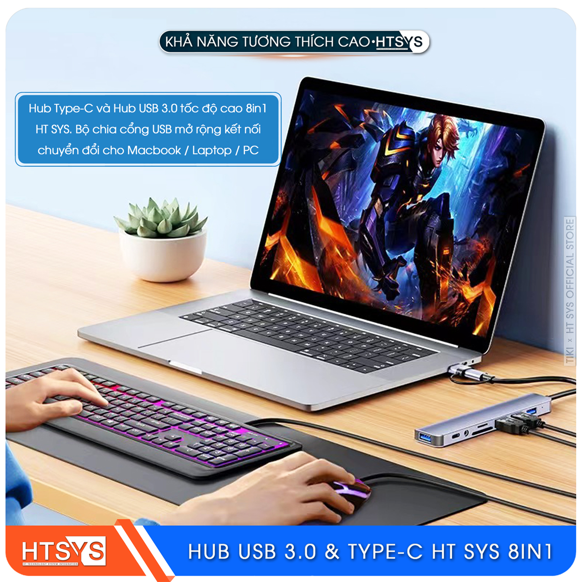 Hub Type C Và Hub USB HT SYS 8 in 1 To USB 3.0, SD, TF, USB C, Audio 3.5 - Hàng Chính Hãng