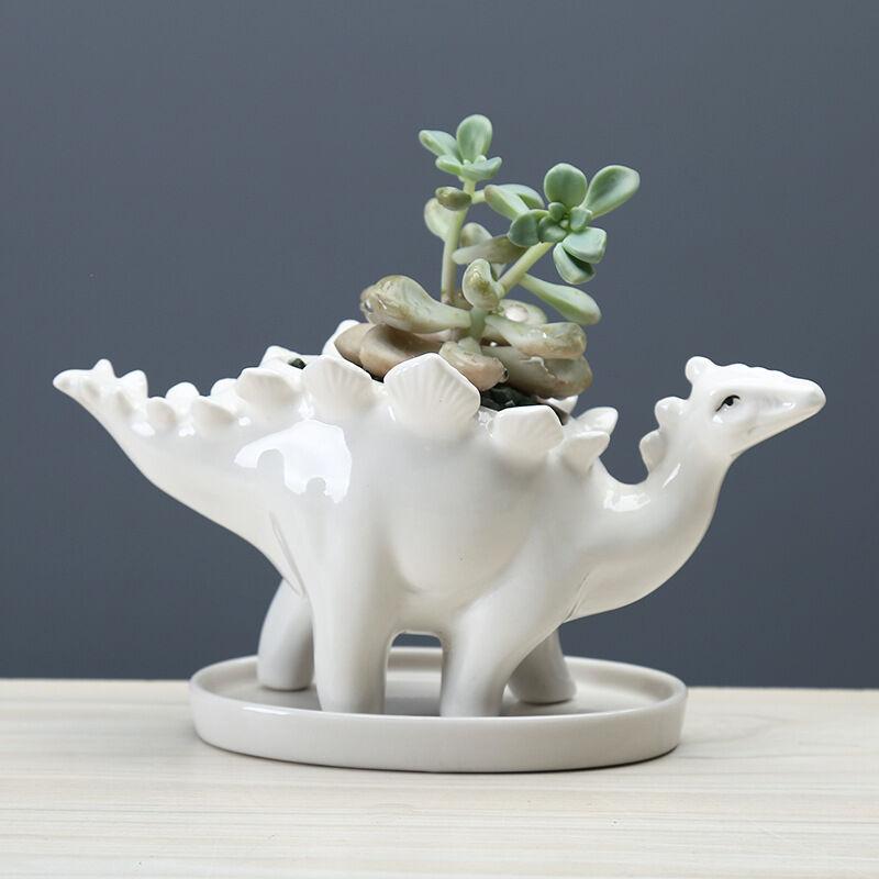 Hai mảnh gốm mọng nước Garden Garden Garden Cactus Planter với mini Nội thất được trồng với động vật gốm dễ thương để trang trí bàn làm vườn (màu trắng) -18,8 x 8 x 10