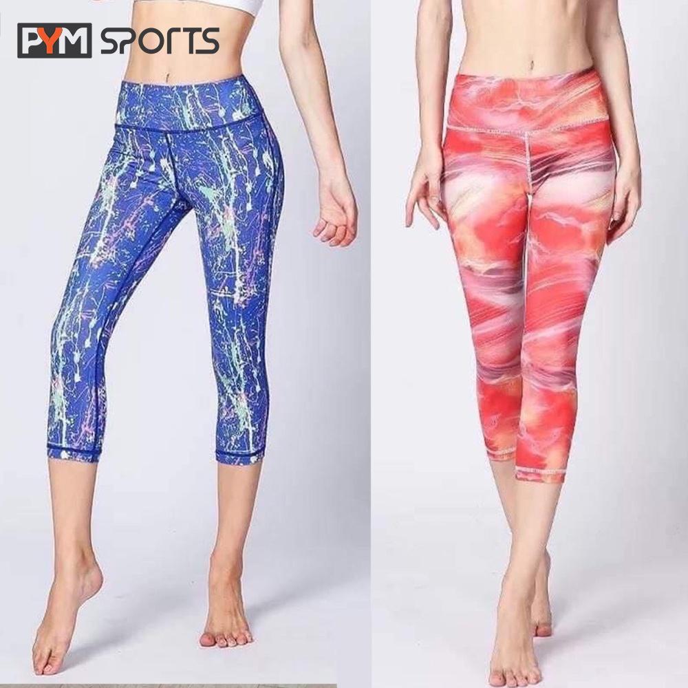 Quần tập Gym - Yoga PYMSPORT - PYML007 kiểu lửng màu 3D, lưng cao tôn dáng - 2 màu hồng, xanh