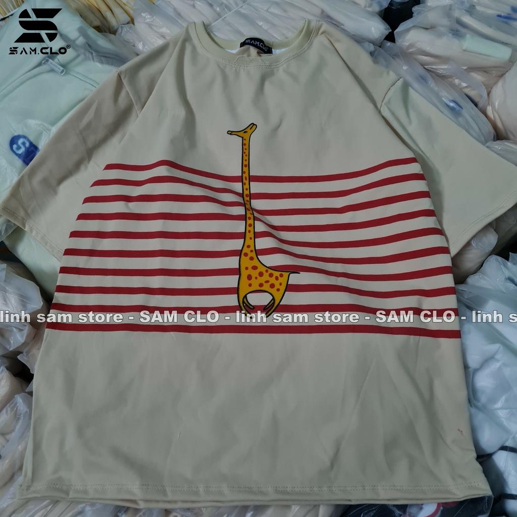 Áo thun tay lỡ nữ freesize phông form rộng dáng Unisex - Ulzzang mặc cặp, nhóm, lớp sọc in hình HƯƠU CAO CỔ