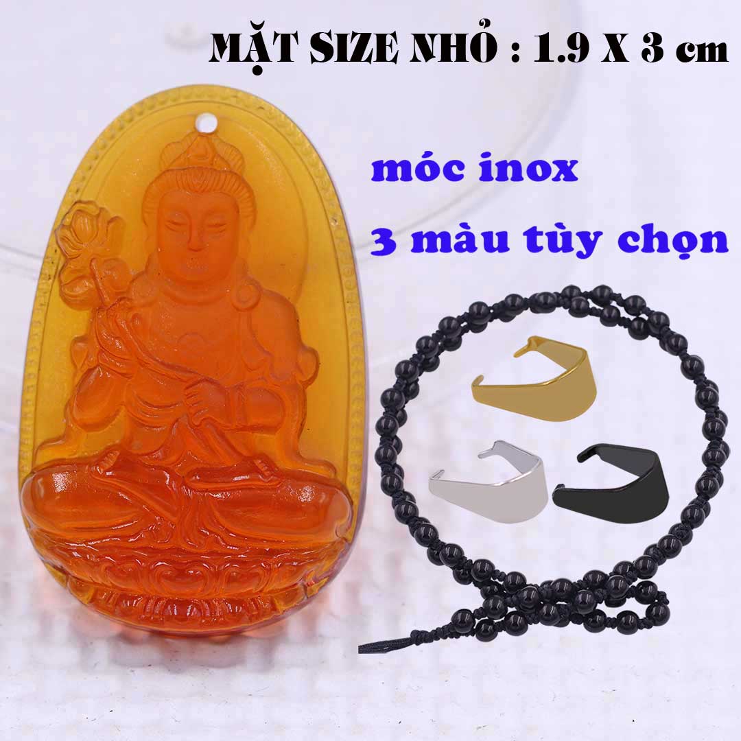 Mặt Phật Đại thế chí pha lê cam 1.9cm x 3cm  kèm vòng cổ hạt chuỗi đá đen + móc inox vàng, Phật bản mệnh, mặt dây chuyền