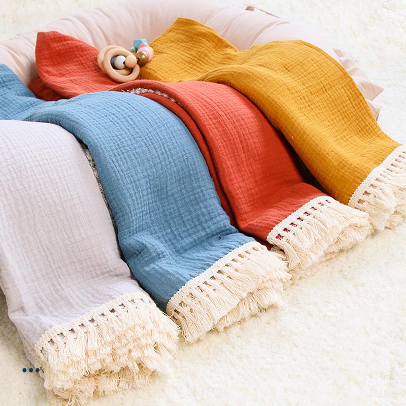 Happyflute 2 Lớp Thân Thiện Với Làn Da Muslin Đầm 100% Cotton Màu Trơn Viền Ren 2 Chăn Lưới Cho Bé