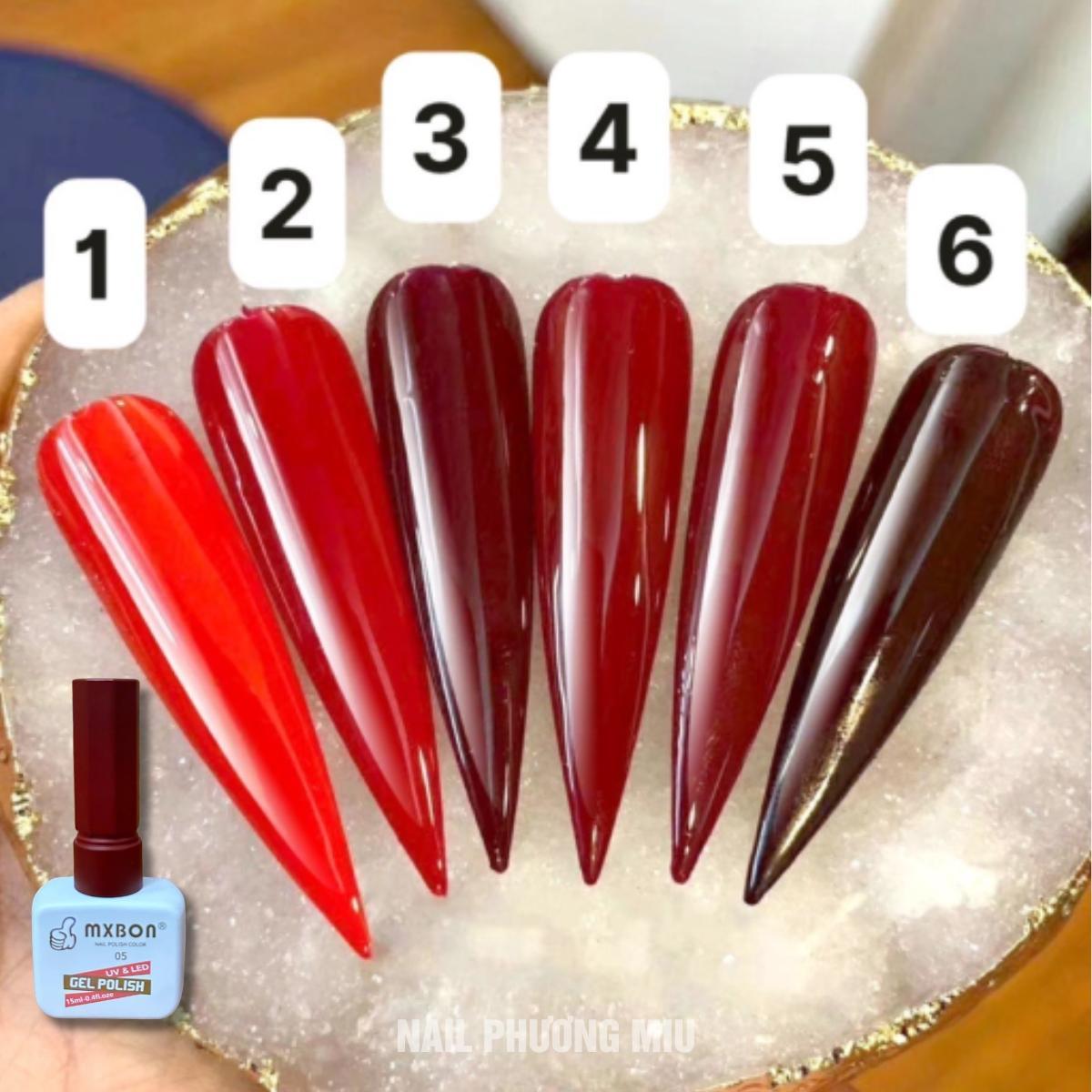 Sơn Gel Lẻ MXBON Số 5 Màu Đỏ Đô Tôn Da Mẫu Chai Mới Làm Nail Siêu Đậm Mướt, Bóng Mượt, Độ Bám Móng Cao, Lên Chuẩn Màu Ngay Từ Lớp Sơn Đầu Tiên