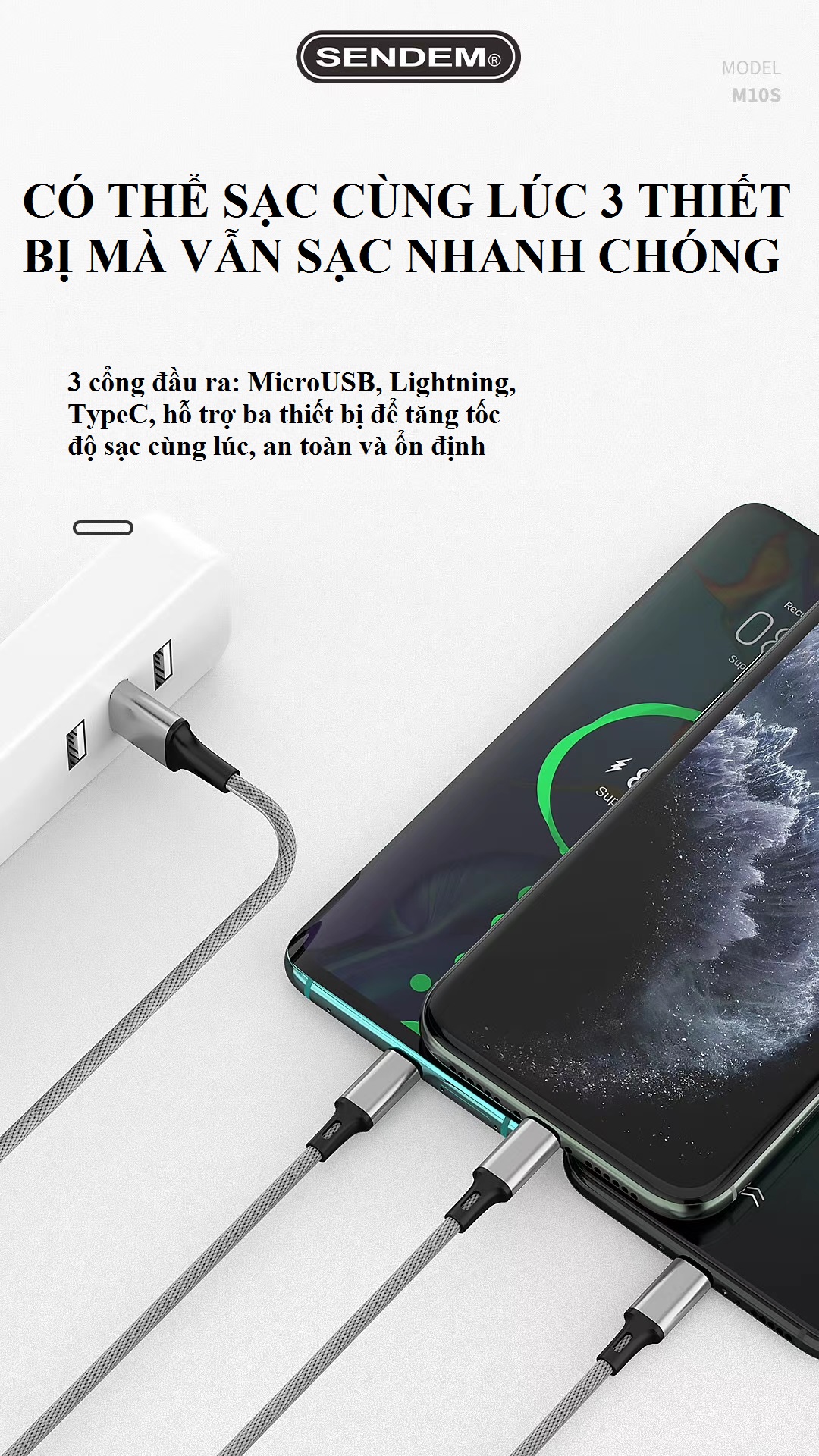 Cáp sạc 3in1 SENDEM M10S bọc dù cao cấp hỗ trợ sạc nhanh 5A chân cắm: MicroUSB, Lightning, TypeC - sạc và truyền dữ liệu - Hàng chính hãng