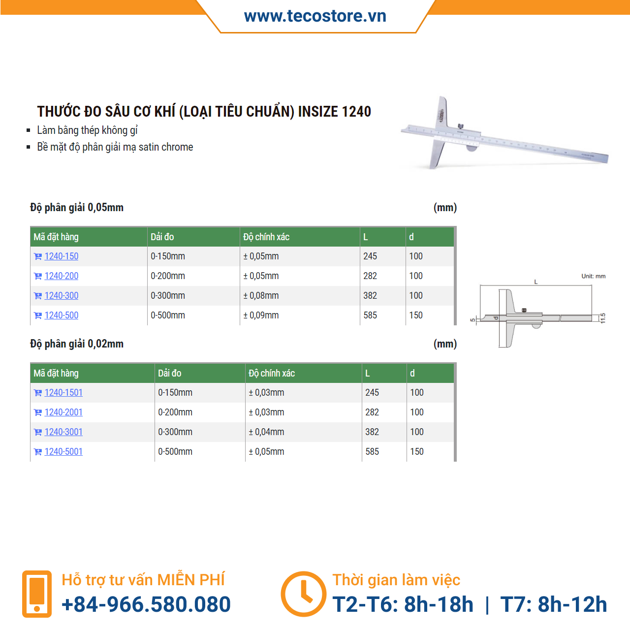 Thước đo độ sâu cơ khí Insize 1240 - standard, nonwaterproof