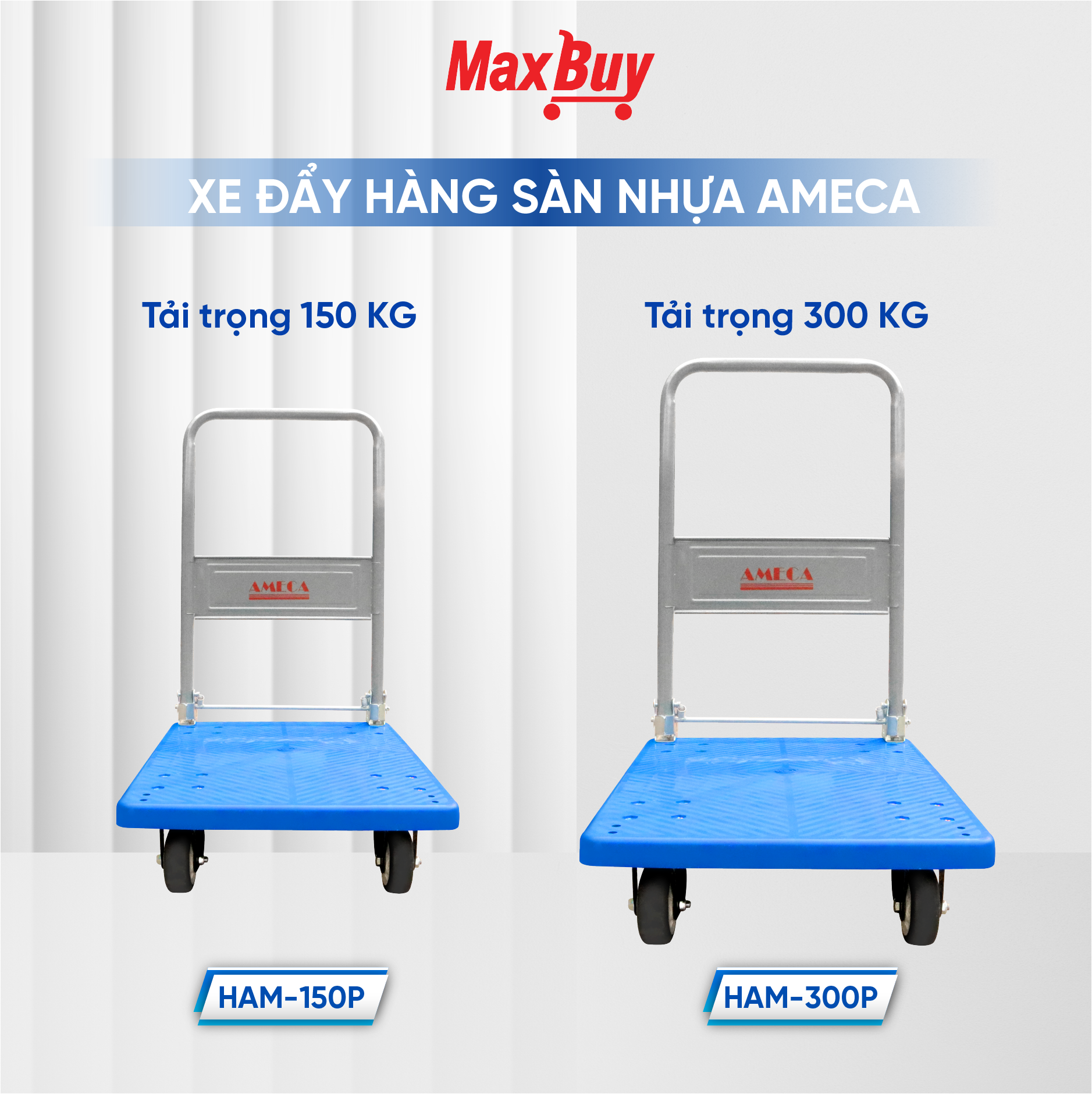 Xe Đẩy Hàng 4 Bánh Ameca HAM-300P- Sàn nhựa, Khung Thép, Giảm ồn, Gấp gọn, tải trọng 300kg - bảo hành 12 tháng