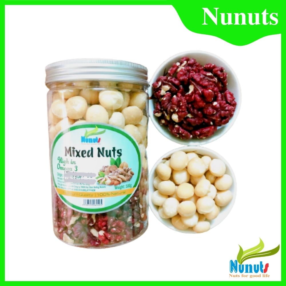 MIX HẠT DINH DƯỠNG NUNUTS ( MACCA, ÓC CHÓ ĐỎ ) 1 HŨ 500G